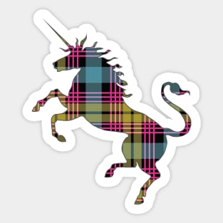 Scottish Pink, Blue and Yellow Tartan Rearing Unicorn Silhouette Sticker